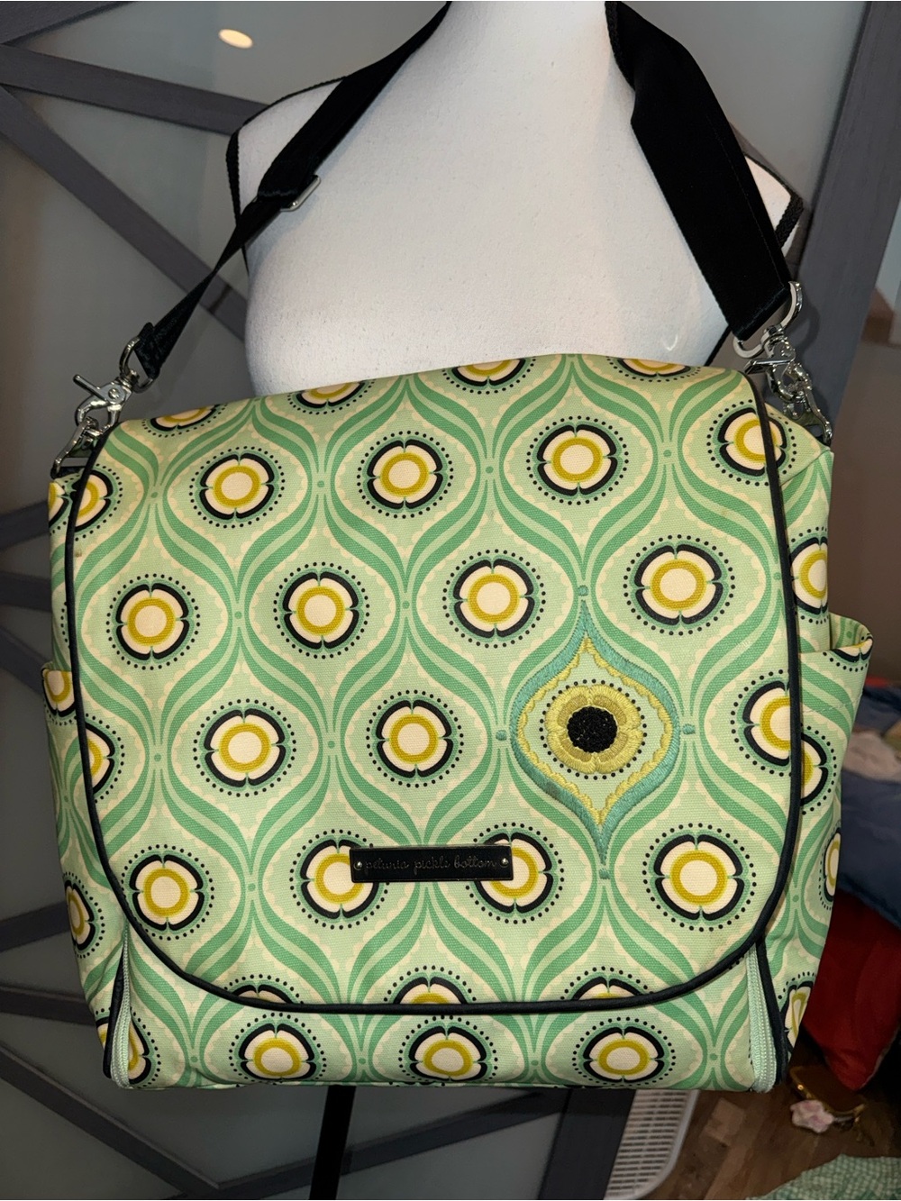 Petunia Pickle Bottom Mint Green and Yellow Patterned Diaper Bag